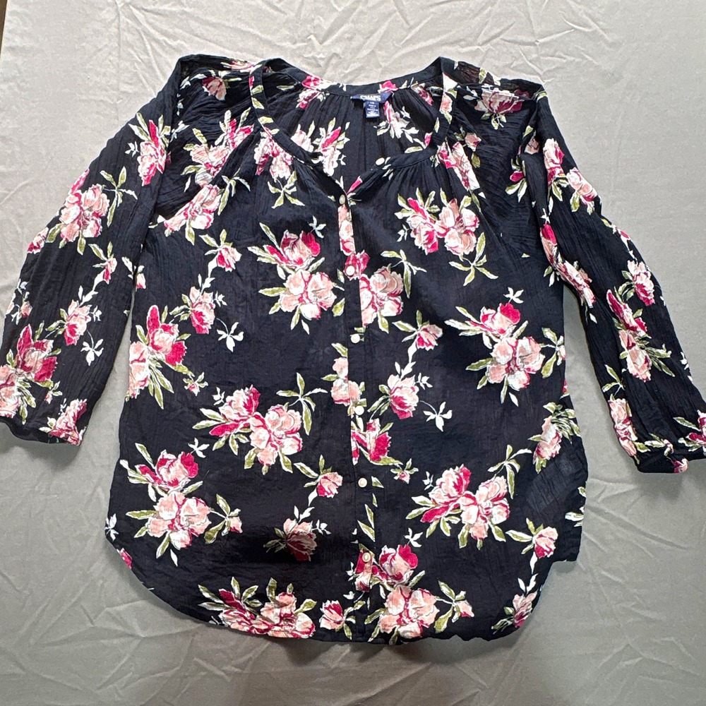 Chaps Womens L Black Floral Woven Cotton Split Neck Button Front 3/4 Blouse